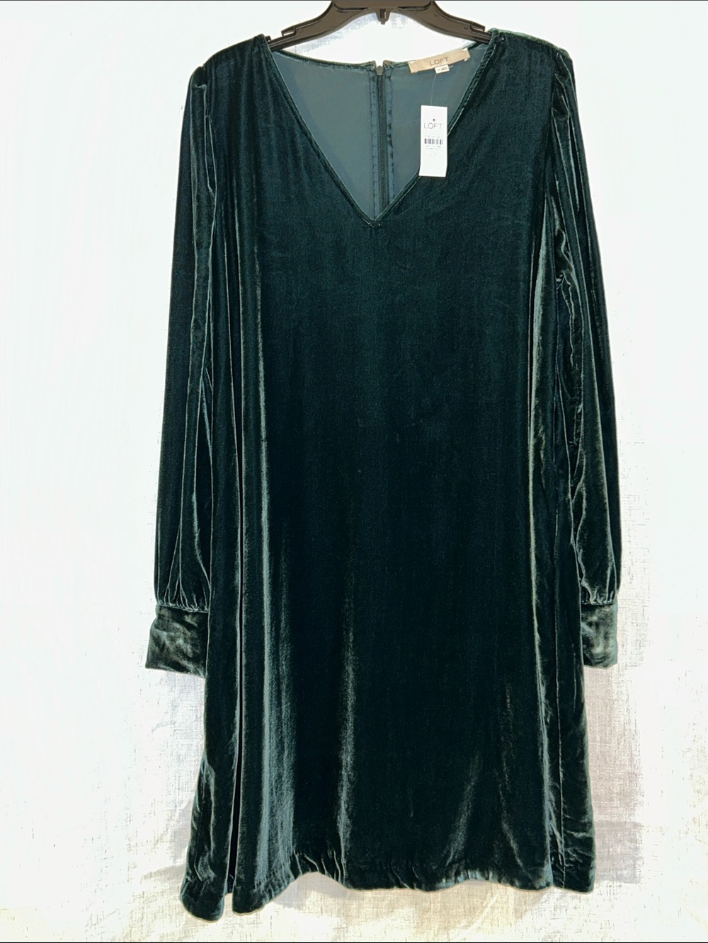 LOFT Deep Emerald Velvet V-Neck Long Sleeve Dress